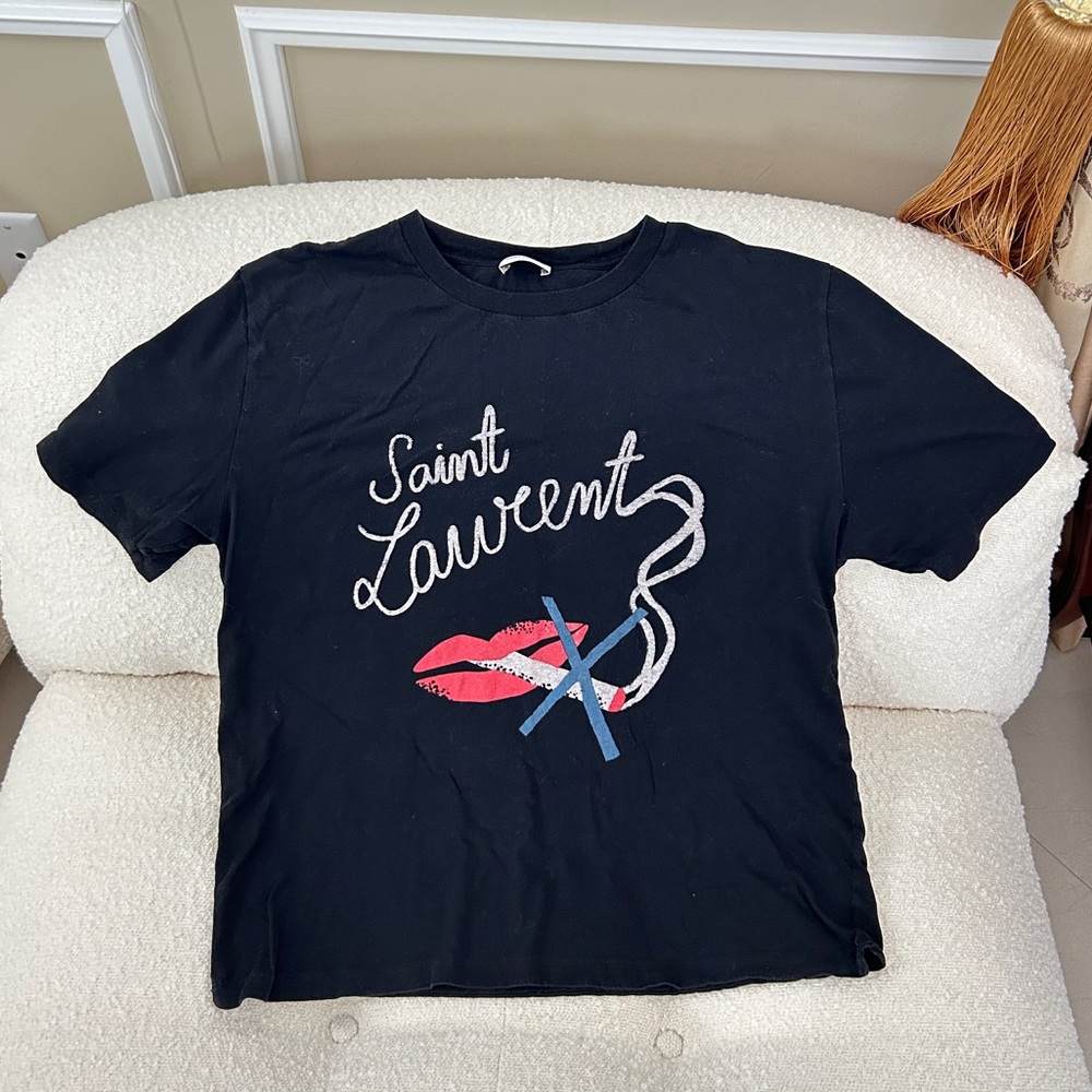 Saint Laurent black logo no smoking lips t shirt